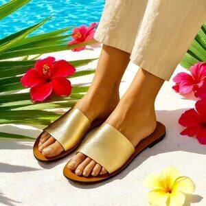 Johnny Was Slide Flat Sandal Metallic Gold Leather Womens 8 38 Italy